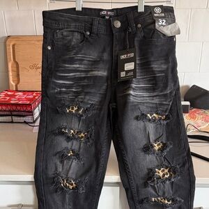 Encrypted Men's Black Skinny Jeans with Leopard-Print Patch Accents